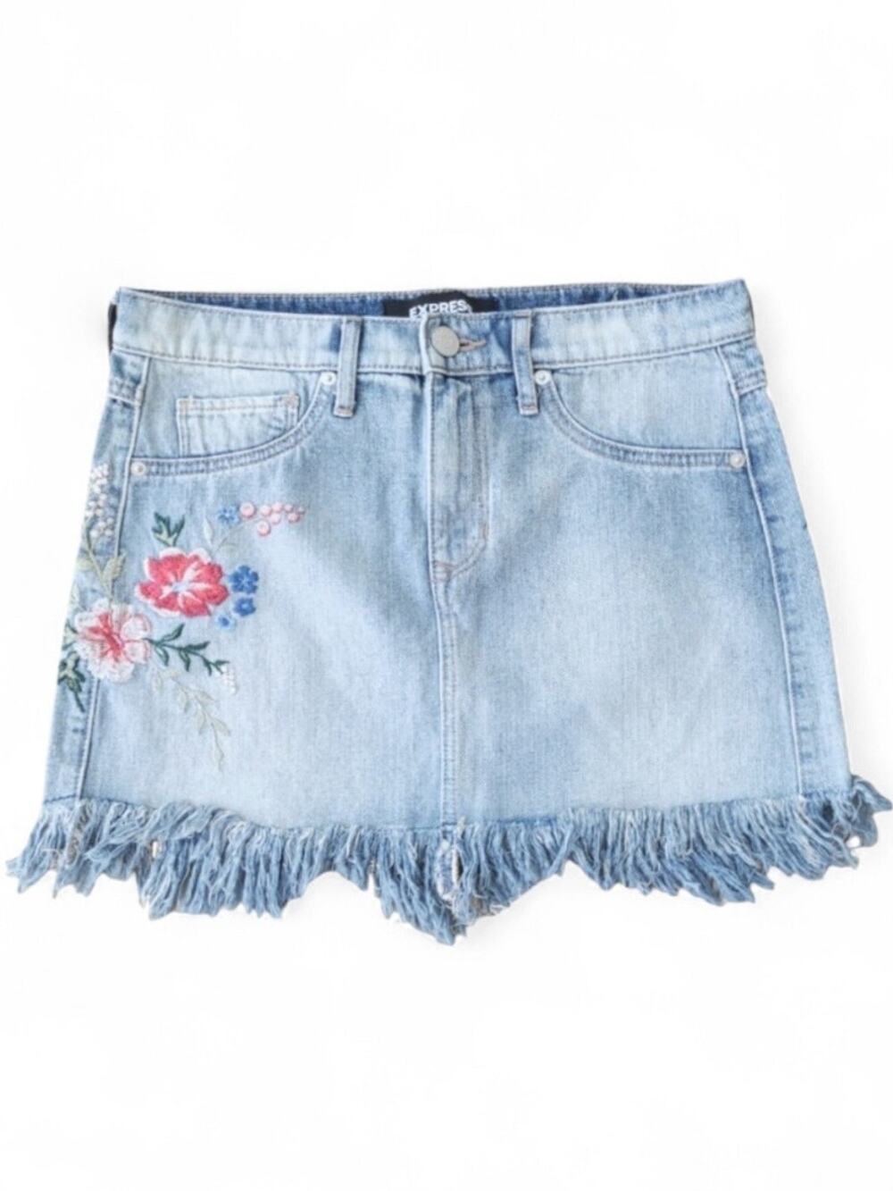 Express Embroidered Floral Denim Mini Skirt Y2K Boho Coquette Fall Festival 4